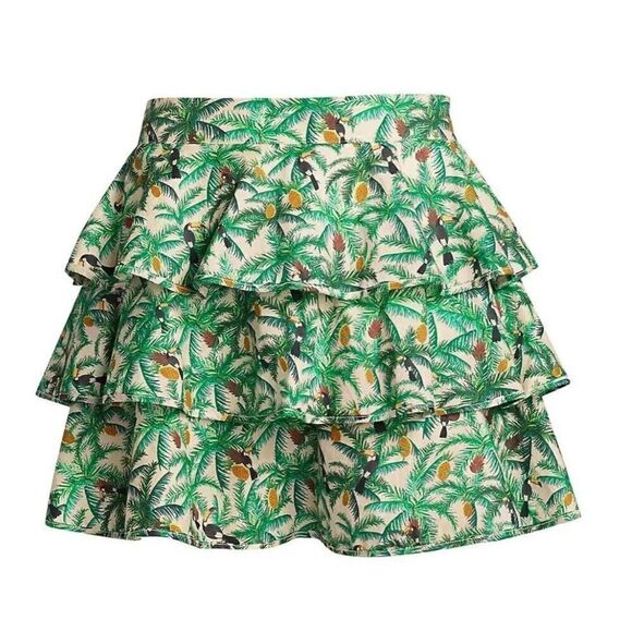 Farm Rio Tropical Toucans Print Ruffles Layered Mini Skirt Green Size Small - Picture 9 of 9